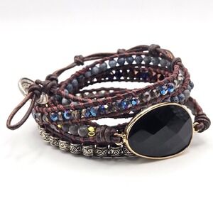 Boho Leather Wrap Bracelet Black Onyx Crystal Beaded Multi Strand Toggle Brown